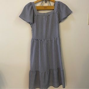 Monteau Flowy Navy Striped Box Neck Dress | XS